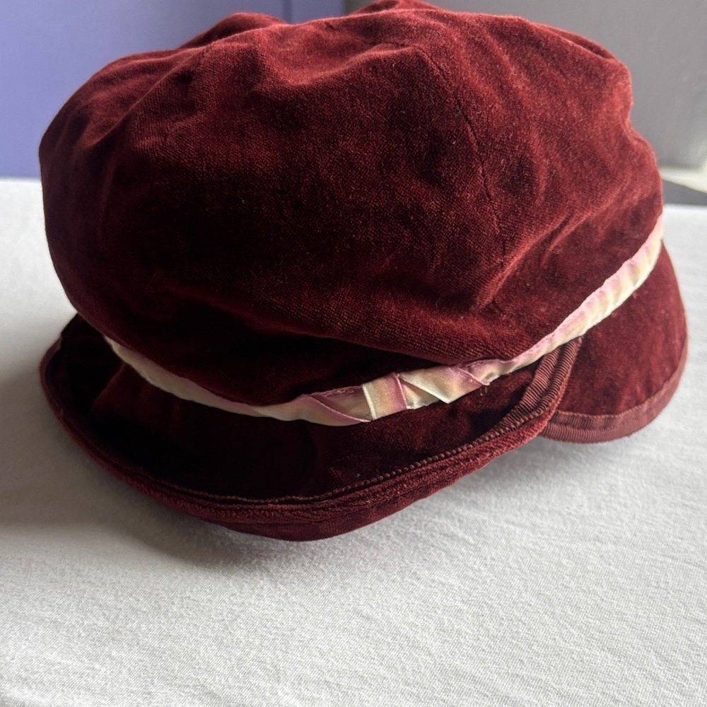 Anthropologie NEST Velvet Burgundy bucket Hat Ribbon Button Detail y2k - Picture 2 of 7